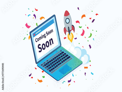 Coming soon announcement concept with a rocket launching from a laptop. Isometric vector illustration for a new website or product startup