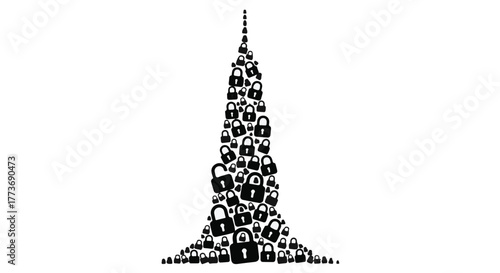 Tower of security formed by numerous padlocks, symbolizing protection and safety.