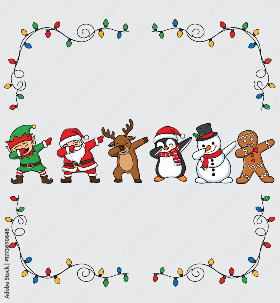 Fototapeta premium Dabbing Christmas Characters Vector Set. Funny Santa, Elf, Reindeer, Snowman, Penguin, and Gingerbread Man with Holiday Lights Frame.