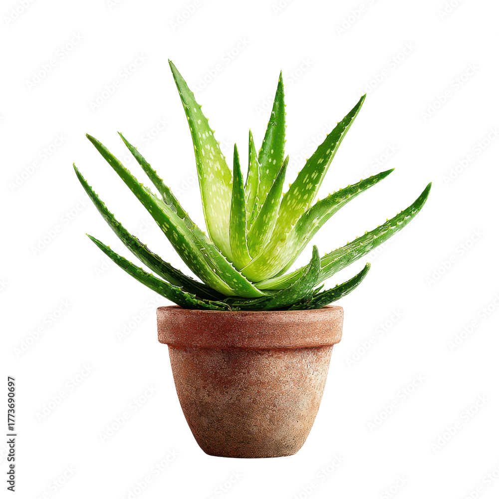 Fototapeta premium Green aloe vera plant in a terracotta pot against a black background succulent, Isolated On Black Background, Png Transparent Background, Cut Out