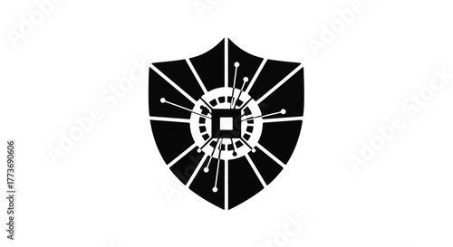 Digital shield protecting a microchip with radiating connections, symbolizing cybersecurity and data protection.