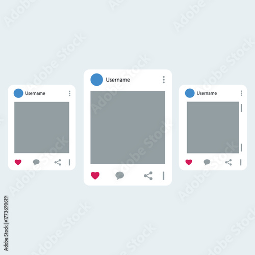 Three social media post templates with grey placeholders for images and icons for likes, comments, and shares
