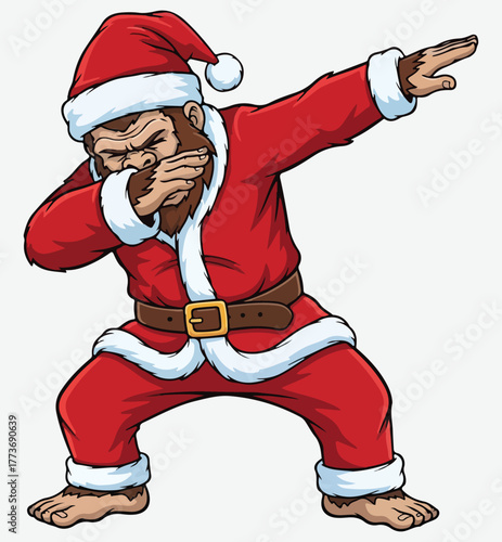 Funny Dabbing Bigfoot in Santa Suit Vector. Hairy Sasquatch Character Doing the Dab Pose for Modern Christmas and Holiday Humor Design.