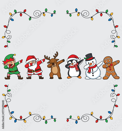 Dabbing Christmas Characters Vector Set. Funny Santa, Elf, Reindeer, Snowman, Penguin, and Gingerbread Man with Holiday Lights Frame.