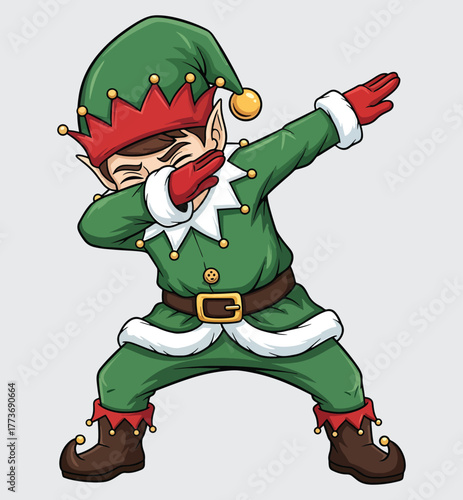 Dabbing Christmas Elf Vector. Funny Santa's Helper Character Doing the Popular Dab Pose in Green Costume for Modern Holiday Design and Apparel.
