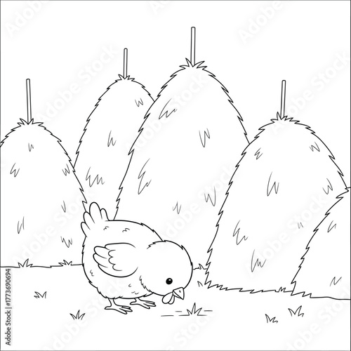 Cute Chick Foraging in Front of Haystacks - Black and White Outline Vector Illustration for Farm Scenes and Children's Coloring
