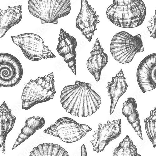 Seamless pattern of hand-drawn seashells in vintage black and white sketch style. Perfect for marine-themed designs, coastal decor, packaging, textiles, or educational visuals about ocean life.