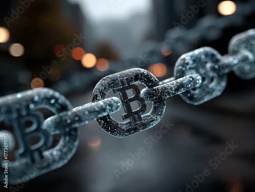 Digital representation of blockchain technology with Bitcoin symbol, highlighting secure transactions and decentralized finance concept