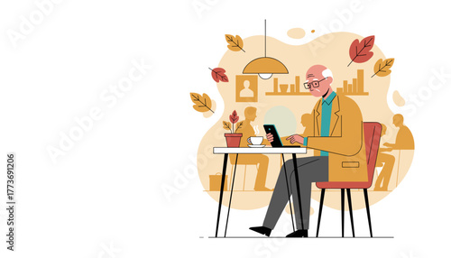 Mature man working remotely on a tablet in an autumnal coffee shop Modern retirement and technology