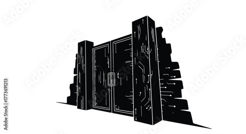 Futuristic digital gate with glowing circuit patterns guarding a mysterious entrance