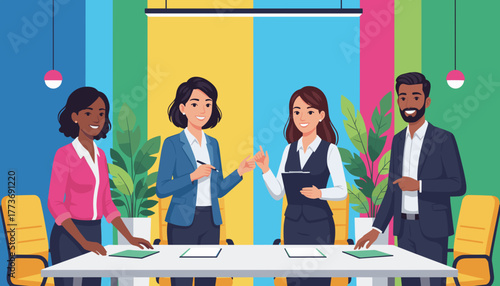 Diverse business team collaborating in a modern vibrant office meeting focusing on success and strategy