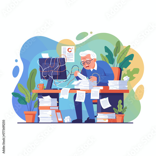 Stressed senior employee drowning in complex paperwork and tangled wires at an overwhelming desk