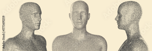 Set human body silhouette in monochrome grain effects. Collection stippling elements for tattoo or print. Vector illustration.