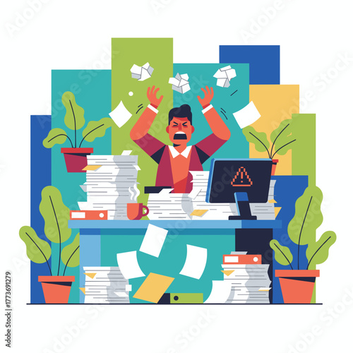 Overwhelmed businessman stressed by excessive workload paperwork and computer errors Burnout