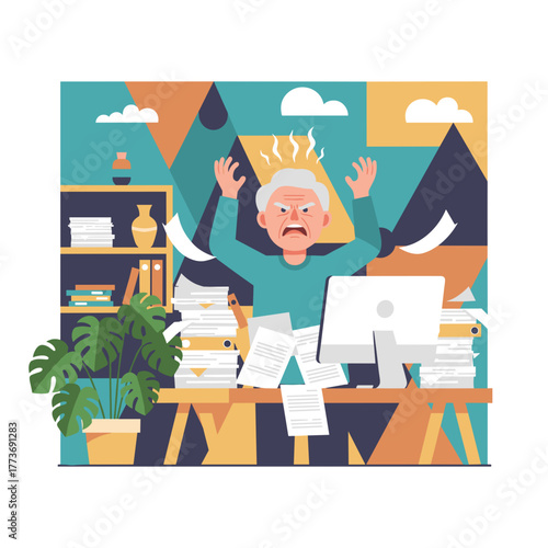 Angry senior employee yelling stressed by excessive paperwork and office burnout Vector illustration