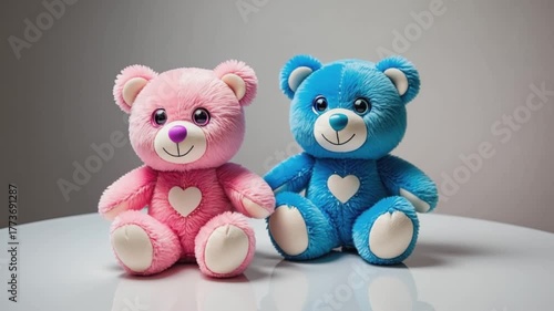 Two adorable teddy bears in blue and pink sit together for gender reveal