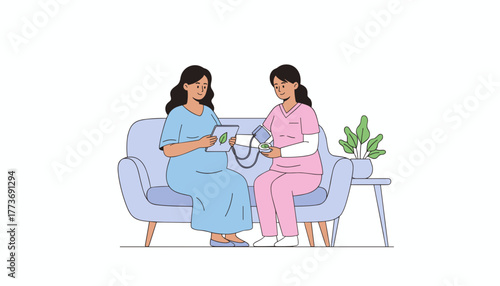 Midwife checks pregnant patients blood pressure at home for wellness and prenatal care