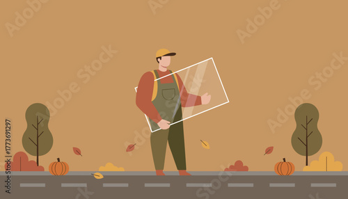 Glazier worker carrying a pane of glass in an autumn setting Window repair service illustration