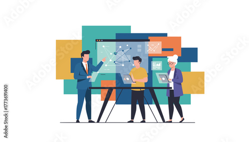 Business team analyzing big data and network diagrams in a modern strategy meeting