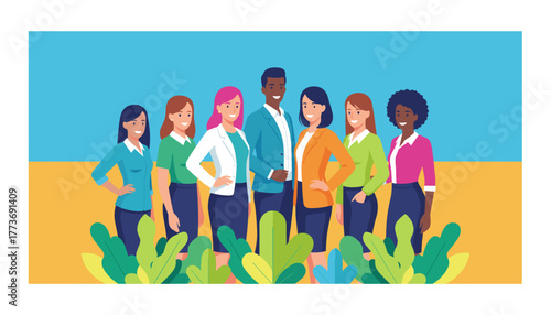 Diverse team of professional coworkers smiling confidently Business success and inclusion concept