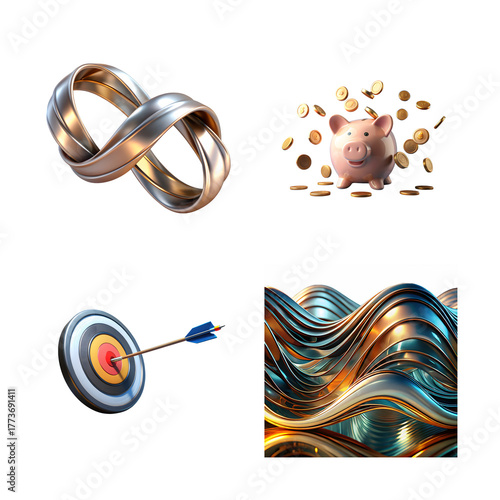 Conceptual collage of financial success, target achievement isolated on transparent background