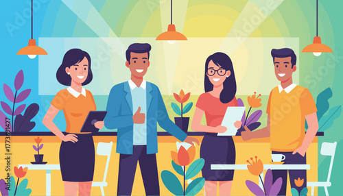 Diverse professional team meeting happily in a colorful modern business setting