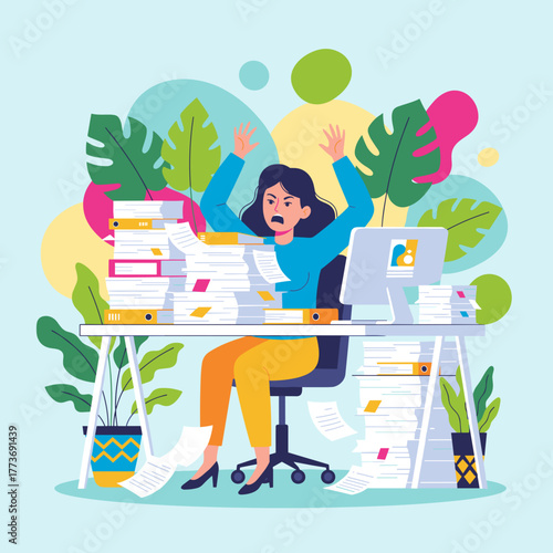 Overworked businesswoman frustrated by huge piles of office paperwork and excessive workload
