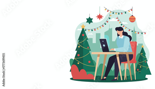 Professional woman works on laptop during Christmas holiday decorated outside