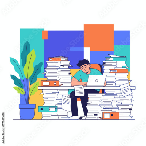 Overwhelmed businessman buried in paperwork suffering from stress and burnout at the office