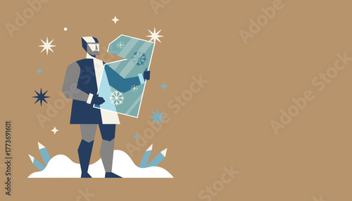 Stylized man holding a number 1 ice block symbolizing winter countdown or first place achievement