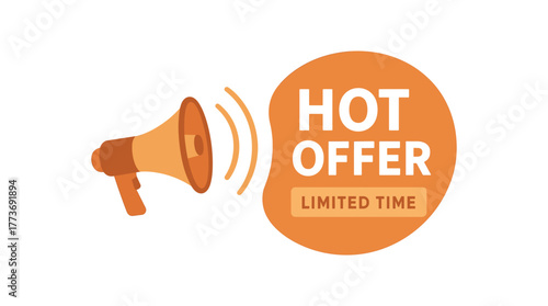 Hot offer limited time badge with megaphone. Urgent sale announcement, promotion label. Flat vector illustration.