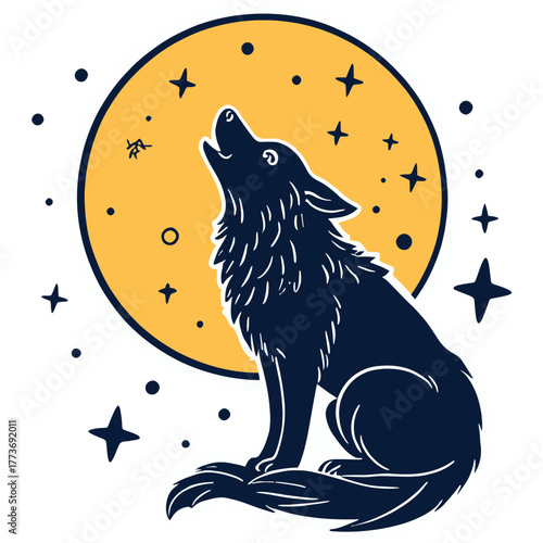 Celestial Wolf Howling at Glowing Crescent Moon | Majestic Cosmic Wolf Surrounded by Stars | Mystical Night Sky Scene with Wolf and Moon | Ethereal Lunar Wolf Illustration with Starry Glow