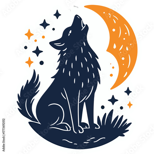 Celestial Wolf Howling at Glowing Crescent Moon | Majestic Cosmic Wolf Surrounded by Stars | Mystical Night Sky Scene with Wolf and Moon | Ethereal Lunar Wolf Illustration with Starry Glow