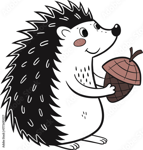 Cute black squirrel holding an acorn in a stylized cartoon design isolated on transparent background