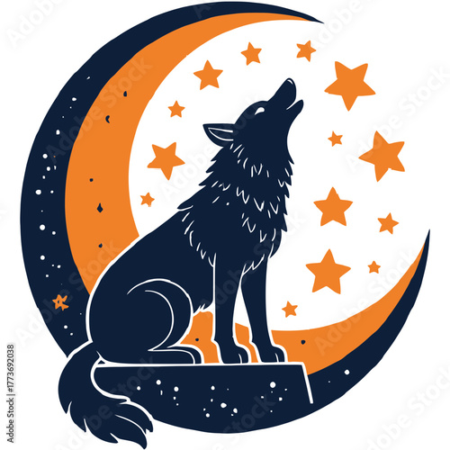 Celestial Wolf Howling at Glowing Crescent Moon | Majestic Cosmic Wolf Surrounded by Stars | Mystical Night Sky Scene with Wolf and Moon | Ethereal Lunar Wolf Illustration with Starry Glow
