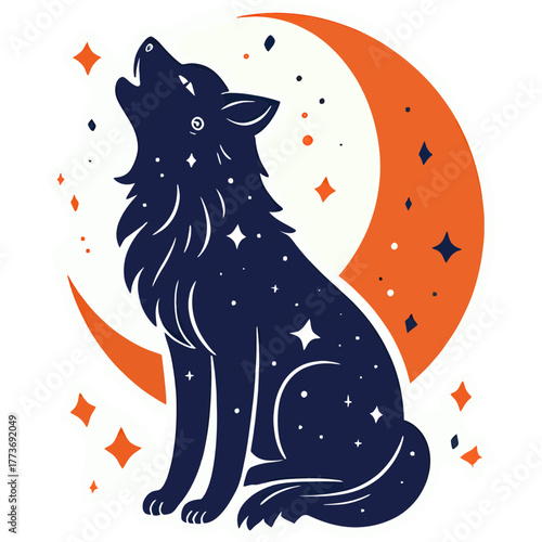 Celestial Wolf Howling at Glowing Crescent Moon | Majestic Cosmic Wolf Surrounded by Stars | Mystical Night Sky Scene with Wolf and Moon | Ethereal Lunar Wolf Illustration with Starry Glow