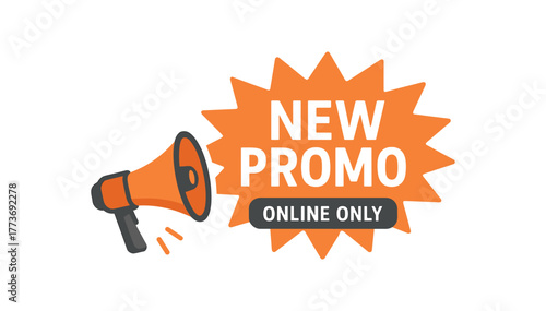 New promo online only starburst badge with megaphone. Sale announcement, promotion label. Flat vector illustration.