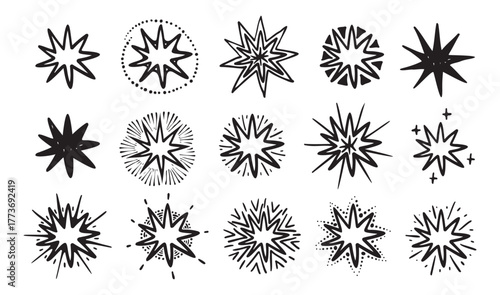Set of hand drawn star shapes with different outlines and rays. Black and white vector doodle collection isolated on white background. Celestial and decorative element concept for design, pattern, or