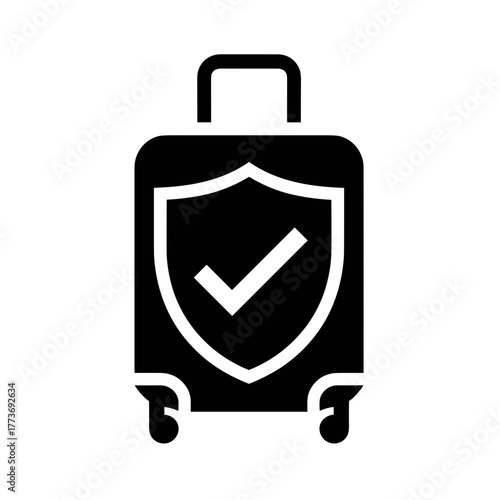A suitcase with a shield and checkmark represents travel insurance and baggage protection and security