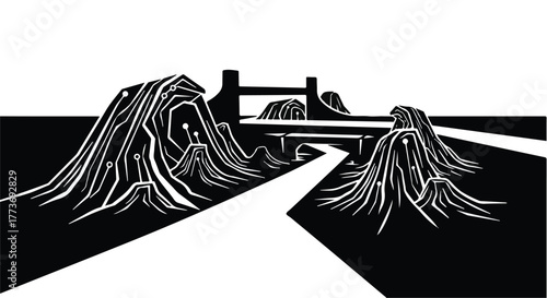 Abstract landscape with flowing path leading towards a modern bridge structure