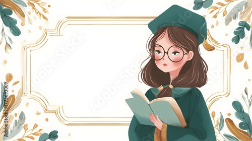 Young woman reading with floral frame