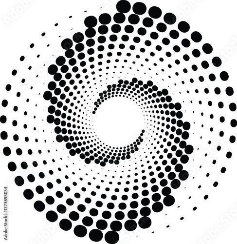 Circular arrangement of black dots decreasing in size towards a central white circular void