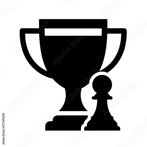 A black and white vector graphic of a chess pawn next to a trophy, representing victory and achievement.