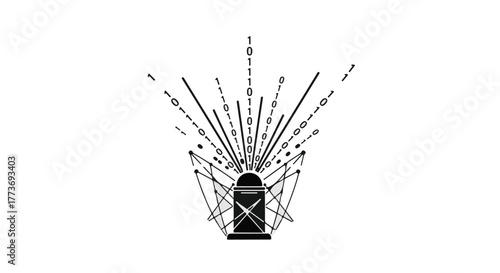 Abstract geometric burst of lines and binary code emanating from a central dark shape