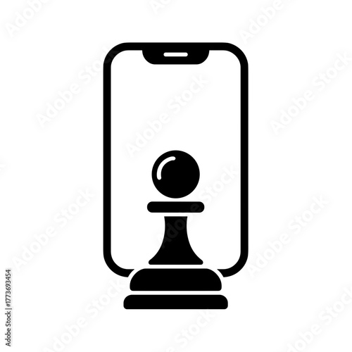 A black and white vector illustration of a chess pawn on a mobile phone screen, perfect for app design.