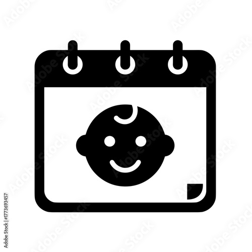 A simple black calendar icon featuring a baby face, representing a due date or baby shower event date.