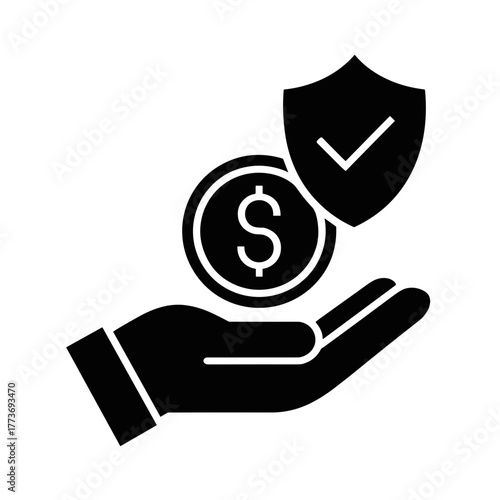 A symbol of financial security, showing a hand holding a dollar coin protected by a shield icon design