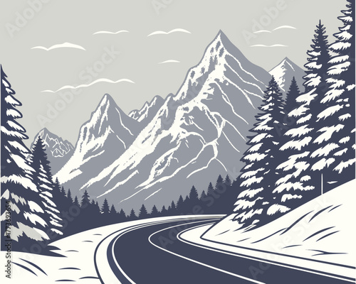 A winding road leads through a snowy mountain landscape with tall trees