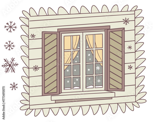 Illustration of a window with shutters, snow and snowflakes