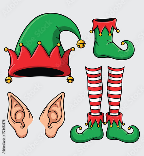 Christmas Elf Costume Vector Set: Hat, Striped Legs, Shoes, and Ears. Holiday Clothing and Accessories for Santa's Helper Character Design.